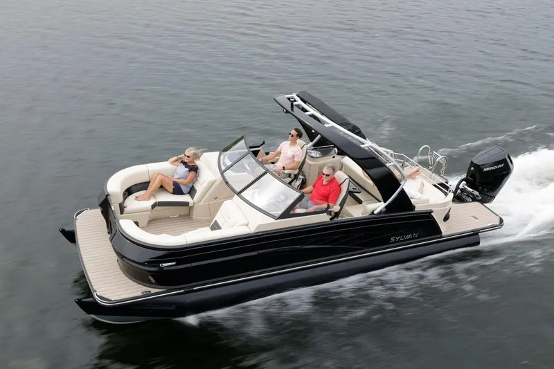 Slide: The Image of 2026 Sylvan G3 CLZ DH pontoon boat with Yamaha 250 engine, docked outdoors. - 22
