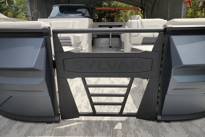 Slide: The Image of 2026 Sylvan G3 CLZ DH pontoon boat interior with luxurious seating and sleek design. - 6
