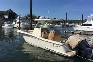 The Image of 2018 Scout 255 LXF boat docked in a marina with other vessels. - 0