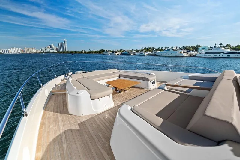 Slide: The Image of Luxurious 2023 Ferretti Yachts 860 with spacious deck and scenic waterfront view. - 36