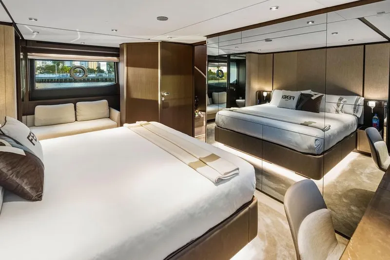 Slide: The Image of Luxurious bedroom interior of 2023 Ferretti Yachts 860 with elegant furnishings and modern design. - 42