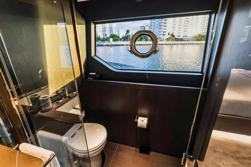 Slide: The Image of Luxurious bathroom interior of 2023 Ferretti Yachts 860 with waterfront view. - 48