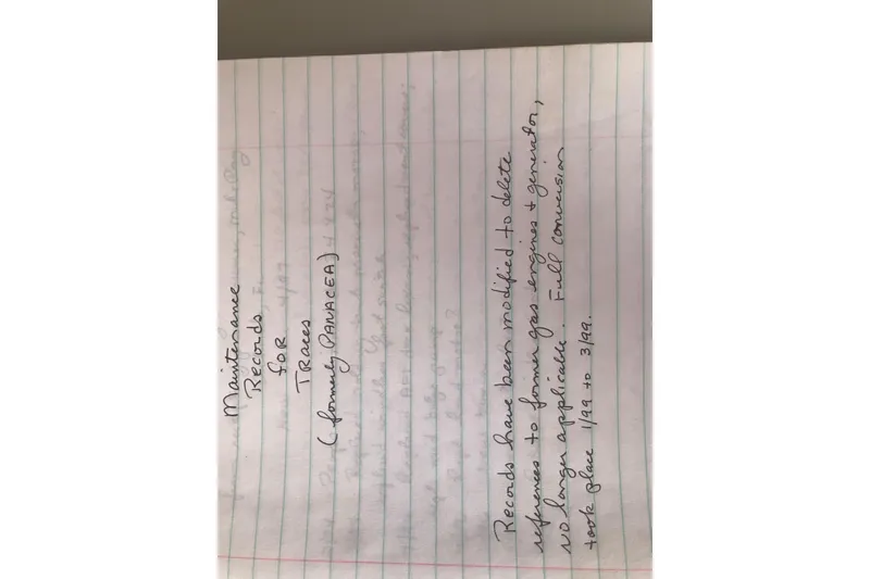 Slide: The Image of Handwritten maintenance records for Chris Craft 427, 1989, detailing engine modifications. - 52