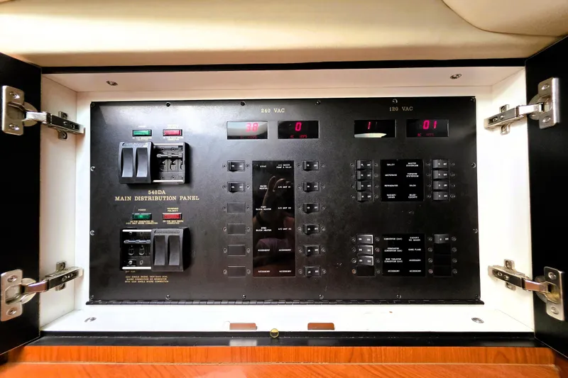 Slide: The Image of Main distribution panel of 1999 Sea Ray Sundancer 540 yacht, showcasing electrical controls. - 10