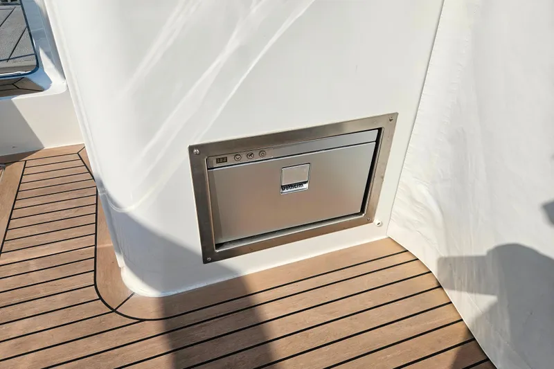 Slide: The Image of Built-in stainless steel drawer on 2023 MJM 35 yacht with teak flooring. - 39