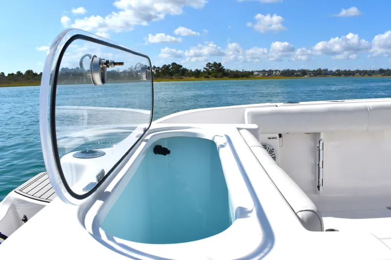 Slide: The Image of 2020 Sea Fox 266 Commander boat with open storage compartment on a sunny day. - 21