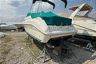 Slide: The Image of 1995 Sea Ray 250 Sundancer boat on stands, green canopy, outdoor storage. - 2