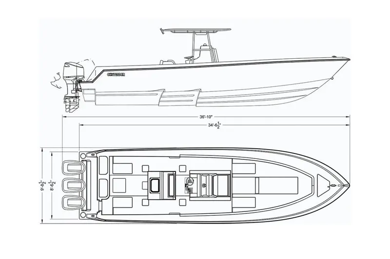 Slide: The Image of Manufacturer Provided Image: Line drawing of a 2020 Contender 35 ST boat, side and top views. - 20