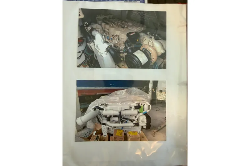Slide: The Image of Engine components of a 2006 Huckins Atlantic 44 yacht displayed in two photographs. - 42