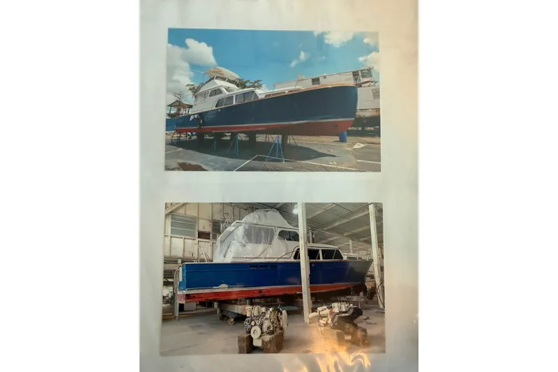 Slide: The Image of 2006 Huckins Atlantic 44 yacht in dry dock, undergoing maintenance and repairs. - 47