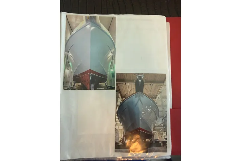 Slide: The Image of Huckins Atlantic 44 yacht, 2006 model, displayed in a boatyard. - 50