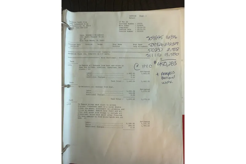 Slide: The Image of Invoice document detailing repairs for Huckins Atlantic 44, dated 09/24/20. - 57