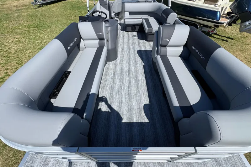 Slide: The Image of 2026 Bennington 22 S Fish pontoon boat with spacious seating and modern design. - 13