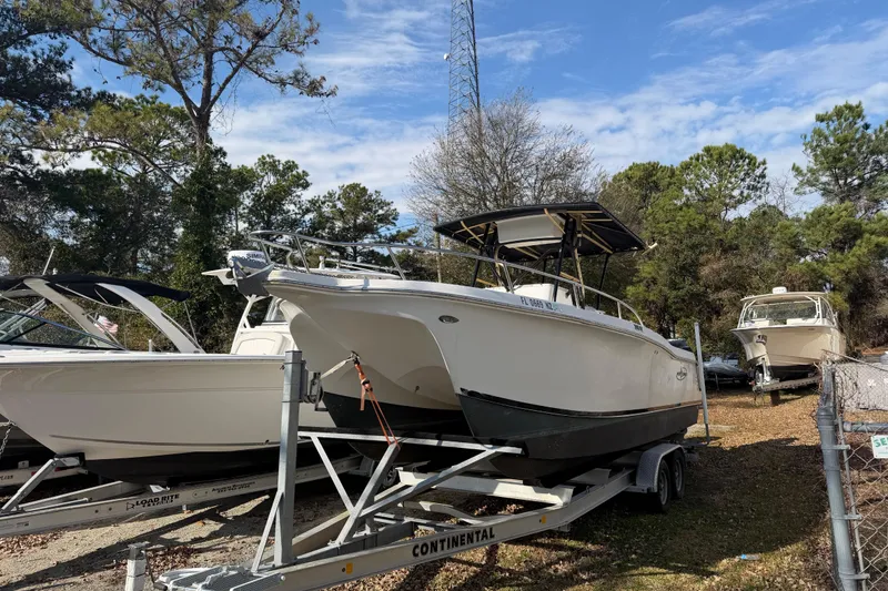 The Image of 2002 Pro Sports 2860 CC ProKat boat on trailer, parked outdoors with trees in background. - 0