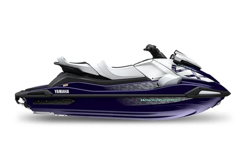 Slide: The Image of 2026 Yamaha WaveRunner VX Cruiser HO, sleek design, side view, blue and white color scheme. - 23