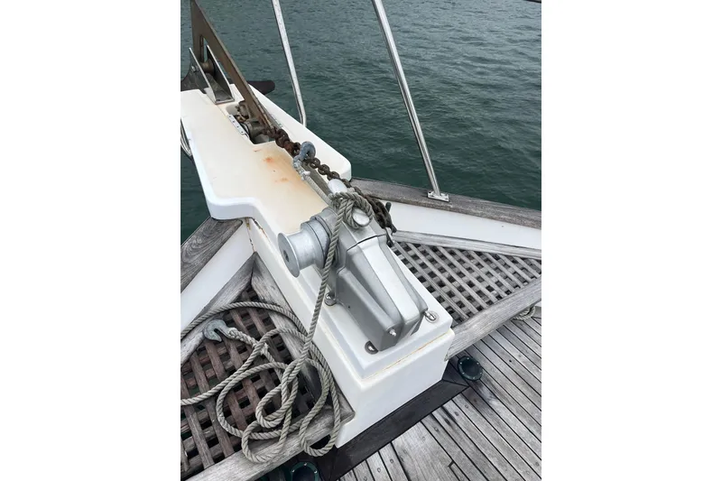 Slide: The Image of Bow of 1986 Sea Ranger 47 Pilothouse with anchor and winch system. - 24