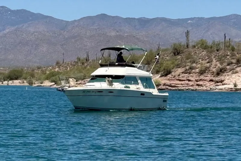 Slide: The Image of 1982 Sea Ray 355T Trawler cruising on a serene lake with mountainous backdrop. - 29