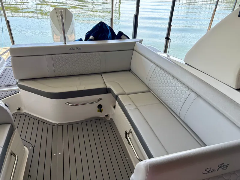 Slide: The Image of Interior of a 2020 Sea Ray SDX 270 with gray upholstery. - 7