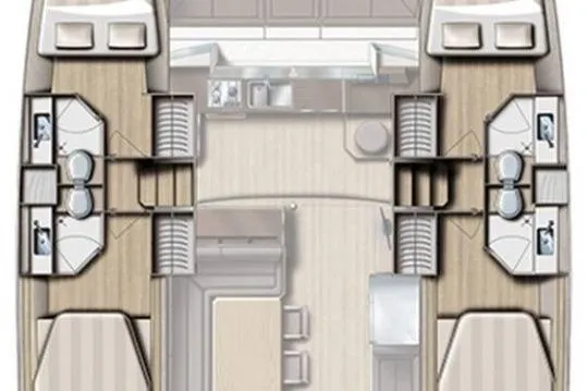 Slide: The Image of Floor plan of a 2019 Bali 4.3 catamaran, featuring cabins and living areas. - 13