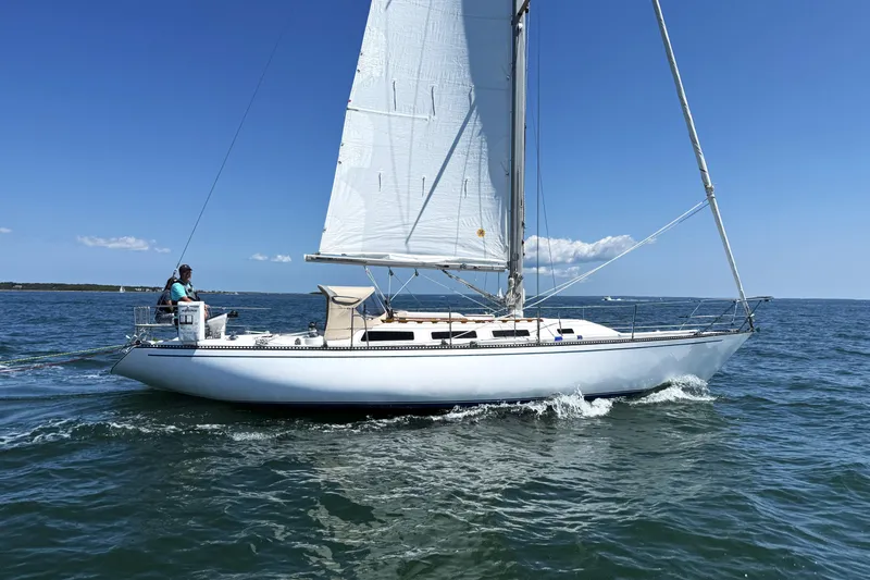 The Image of 1982 Catalina 38 sailboat cruising on open water under clear blue skies. - 1