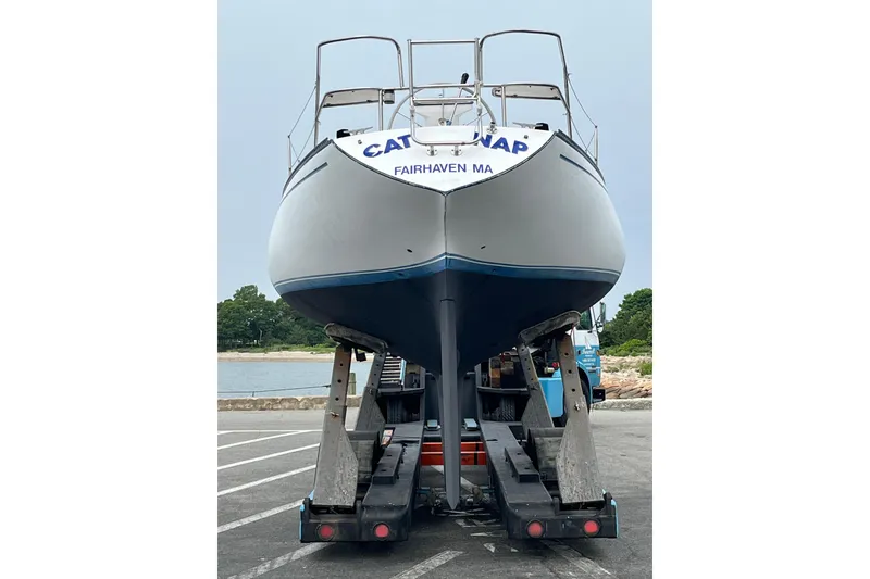 Slide: The Image of 1982 Catalina 38 sailboat on trailer at Fairhaven, MA dockside. - 3