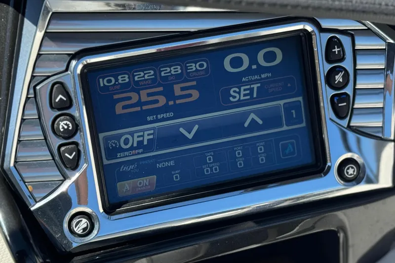 Slide: The Image of Touchscreen control panel of a 2017 Tigé RZ2 boat displaying speed settings. - 40