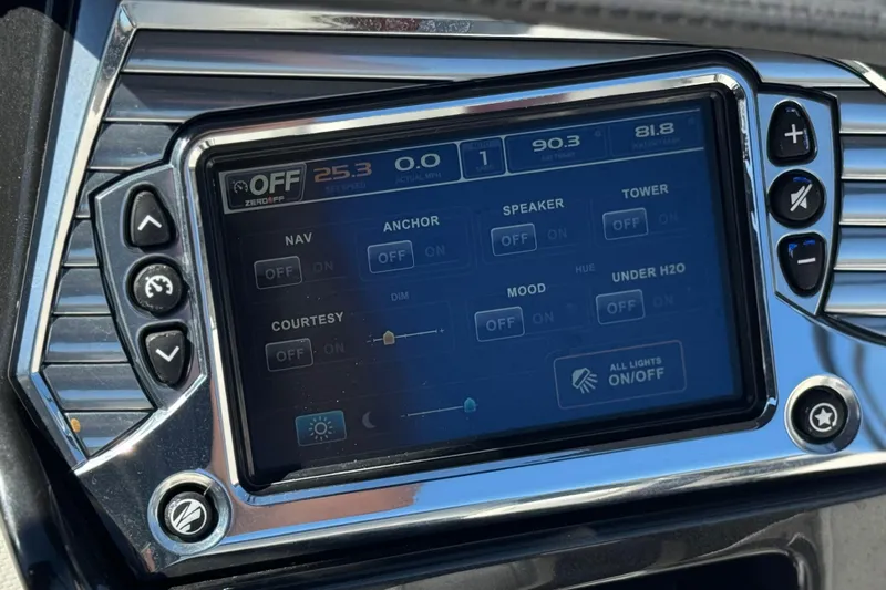 Slide: The Image of Touchscreen control panel in a 2017 Tigé RZ2 boat, displaying various settings and options. - 43