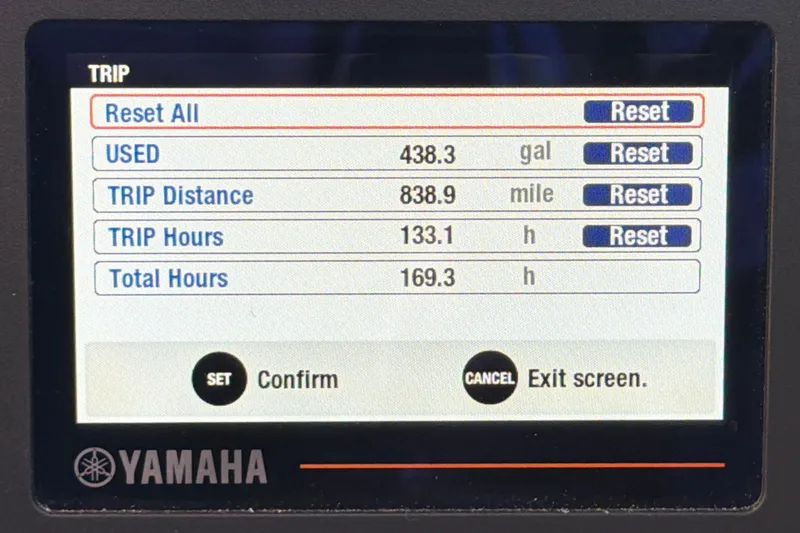 Slide: The Image of Yamaha trip display showing fuel usage, distance, and hours for 2023 Cutwater C-248 Coupe. - 19