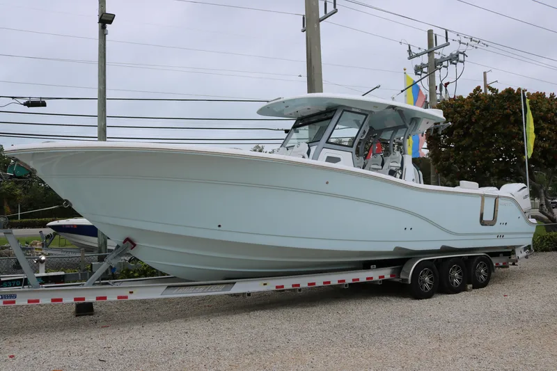 The Image of 2026 Sea Fox 368 Commander boat on trailer, displayed outdoors. - 0