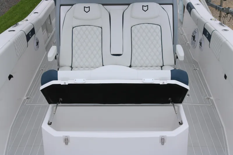 Slide: The Image of Luxury seating on 2026 Sea Fox 368 Commander boat, featuring diamond-stitched upholstery. - 14