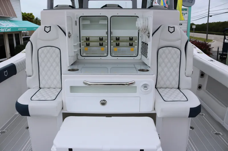 Slide: The Image of 2026 Sea Fox 368 Commander boat interior with seating and storage compartments. - 23