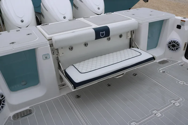 Slide: The Image of 2026 Sea Fox 368 Commander boat with foldable seating and Yamaha engines. - 26