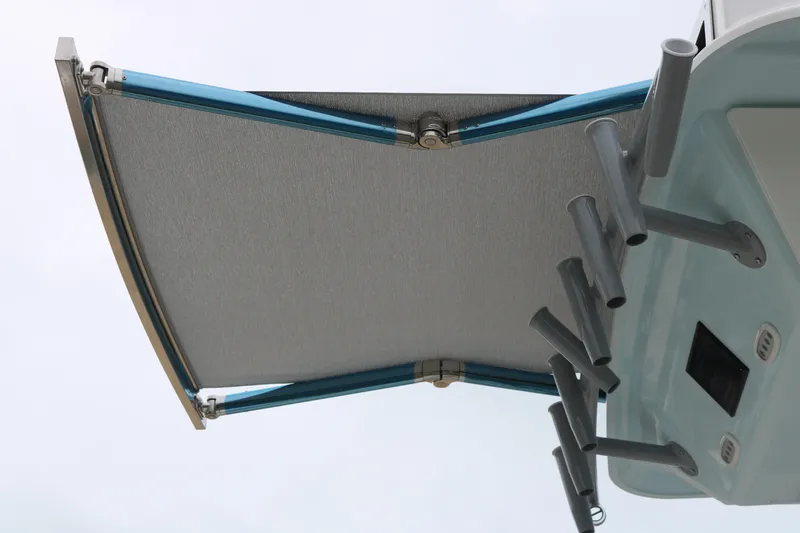 Slide: The Image of Rooftop view of 2026 Sea Fox 368 Commander boat with rod holders and canopy. - 29