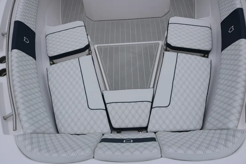 Slide: The Image of Luxurious seating on 2026 Sea Fox 368 Commander boat, featuring elegant quilted upholstery. - 9