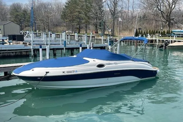 The Image of 2003 Sea Ray 240 Sundeck boat docked in a marina with blue cover. - 1