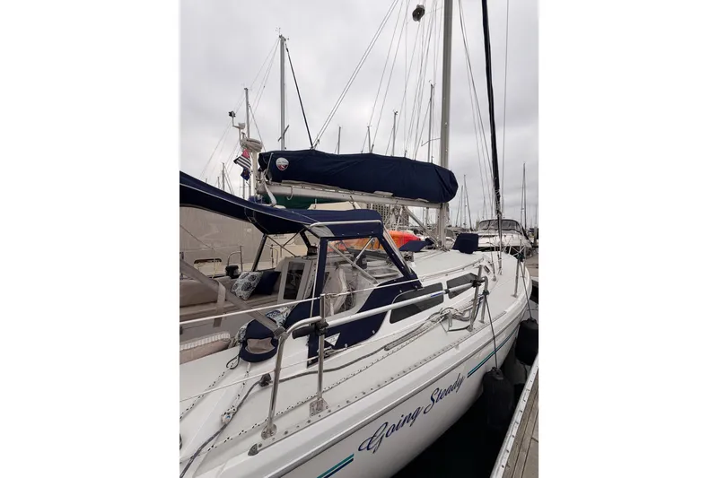 Slide: The Image of Sailboat Catalina 36 MkII 1996 docked, featuring sleek design and blue covers. - 5