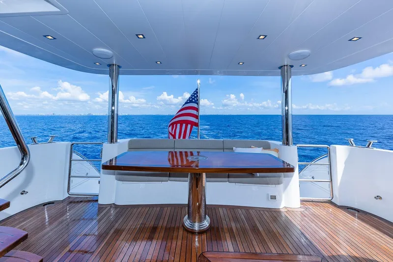 Slide: The Image of Luxurious 2019 Regency P65 yacht deck with ocean view and American flag. - 22
