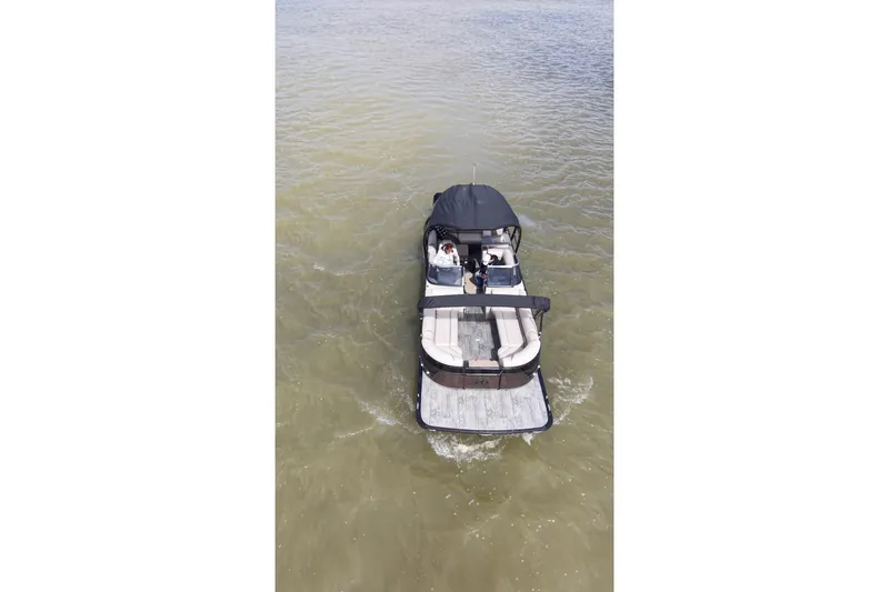 Slide: The Image of 2022 Avalon Catalina Platinum Cruise boat on open water, aerial view. - 34