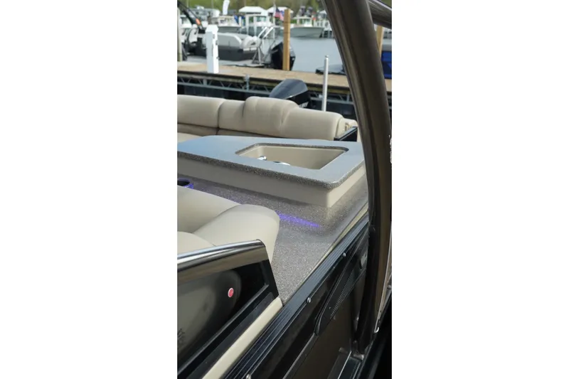 Slide: The Image of 2022 Avalon Catalina Platinum Cruise boat interior with luxurious seating and sleek design. - 43