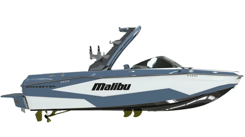 Slide: The Image of 2026 Malibu Wakesetter 22 LSV boat, side view, blue and white design. - 4