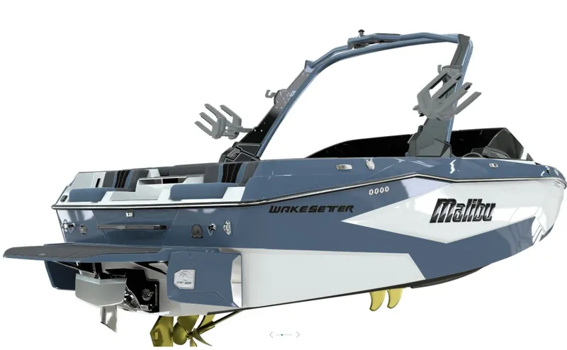 Slide: The Image of 2026 Malibu Wakesetter 22 LSV boat, blue and white, side view. - 7
