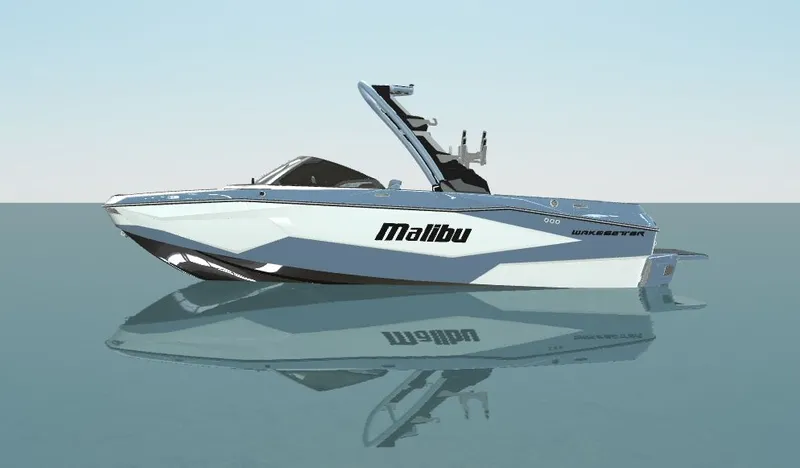 Slide: The Image of 2026 Malibu Wakesetter 22 LSV boat on calm water. - 9