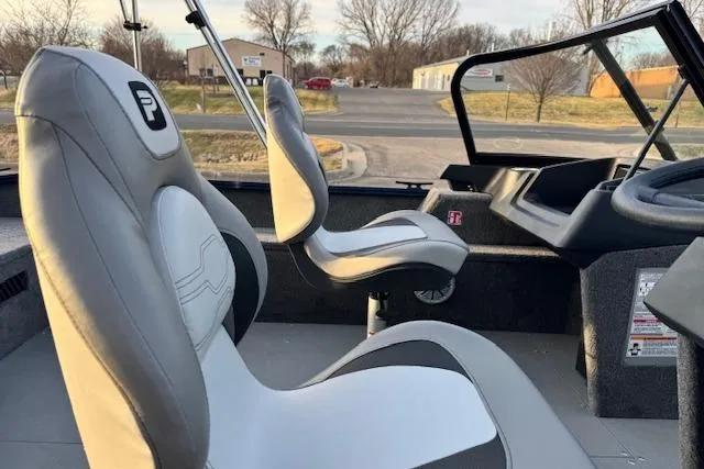 Slide: The Image of 2026 Princecraft Holiday 162 WS MAX boat interior with gray and white seating. - 6