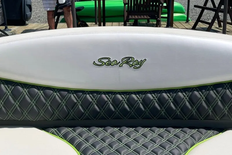 Slide: The Image of Sea Ray 380 Sundancer 2002 boat seat with quilted design and logo. - 1