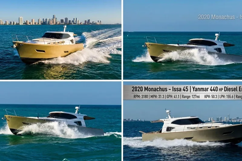 Slide: The Image of 2019 Monachus 45 Issa yacht cruising on ocean with city skyline backdrop. - 36