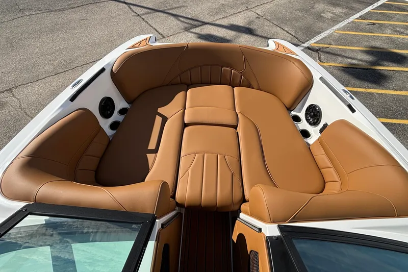 Slide: The Image of 2026 MB SPORTS F21 Classic boat interior with tan leather seating and sleek design. - 31