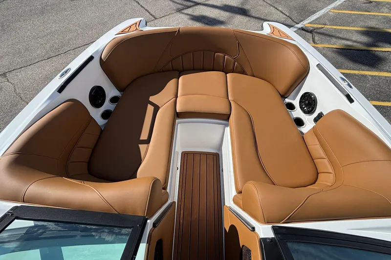 Slide: The Image of Luxurious interior of 2026 MB SPORTS F21 Classic boat with tan leather seating. - 34