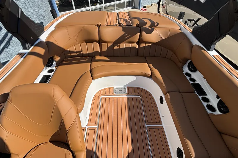 Slide: The Image of Luxurious interior of 2026 MB SPORTS F21 Classic boat with tan leather seating. - 9