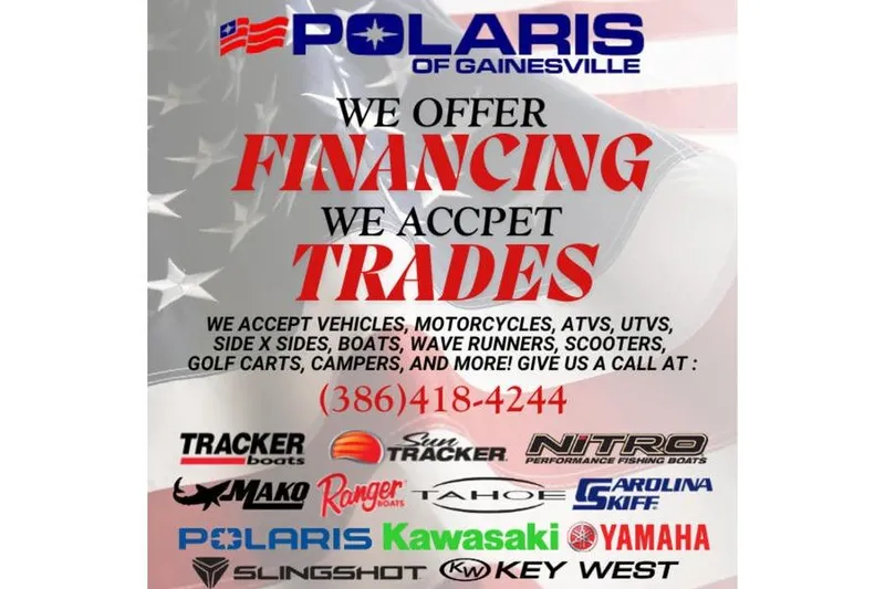Slide: The Image of Polaris of Gainesville offers financing and trades for vehicles, boats, and more. Call (386) 418-4244. - 11