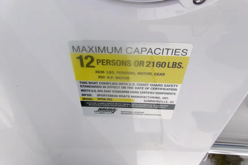 Slide: The Image of 2026 Sportsman Open 252 Center Console capacity label: 12 persons or 2160 lbs, 350 HP motor. - 13
